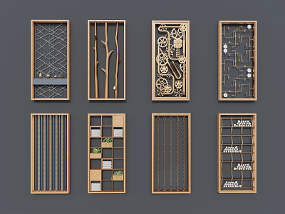 Diverse Wooden Room Dividers Featuring Geometric Branch Gear And Decorative Patterns 3d model