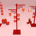 Chinese New Year Decorative Pillars With Red Lanterns And Festive Couplets