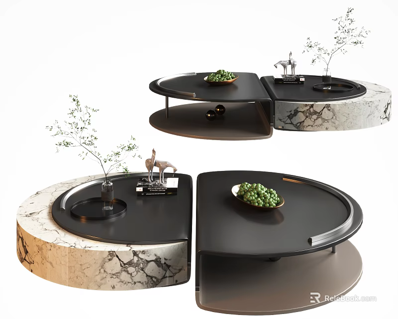 Elegant Modern Split Round Coffee Table With Marble Black Layered Top And Decorative Plants 3d model