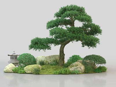 Natural Plant Combination With Main Tree Shrubs Stones And Small Pavilion On Grass 3d model