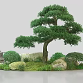 Natural Plant Combination With Main Tree Shrubs Stones And Small Pavilion On Grass