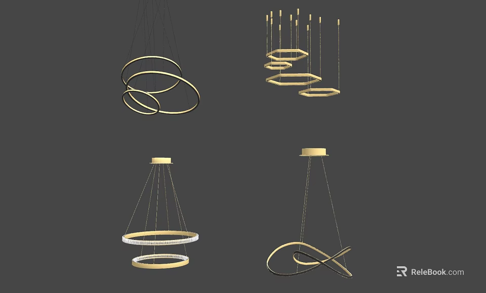 Elegant Modern Metal Chandeliers With Circular Rings And Spiral Hanging Designs 3d model 
