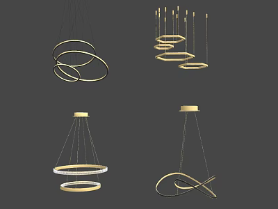 Elegant Modern Metal Chandeliers With Circular Rings And Spiral Hanging Designs 3d model