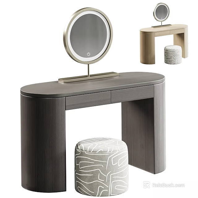 Modern Gray Curved Dressing Table With Round Mirror And Patterned Stool 3d model 