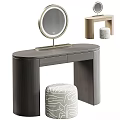 Modern Gray Curved Dressing Table With Round Mirror And Patterned Stool 3d model