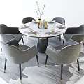 Modern Round Dining Table Set With Six Gray Chairs Tableware Vase And Rug 3d model