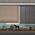 Bamboo And Wooden Blinds At Window With Decorative Ornaments On Windowsill And Mountain View