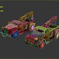 Vintage Red And Yellow Truck Models With Crane Design On Dark Background