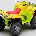 Yellow and Green ATV Motorcycle with Red Seat Metal Rack and Large Tires