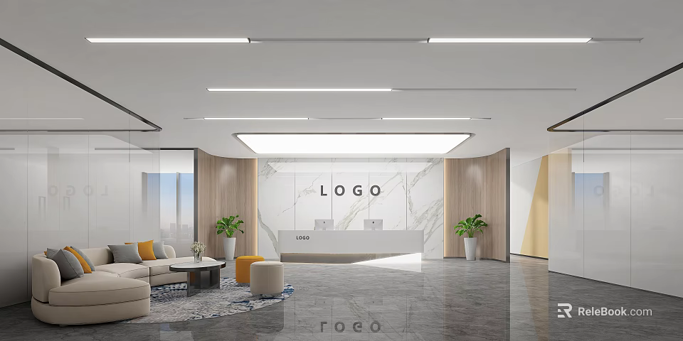 Modern Reception Area Interior Design With Marble Wall Sofa And Green Plants 3d model