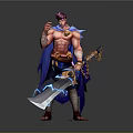 Heroic Warrior With Purple Hair Blue Cape Holding Lightning Sword And Mythical Beast