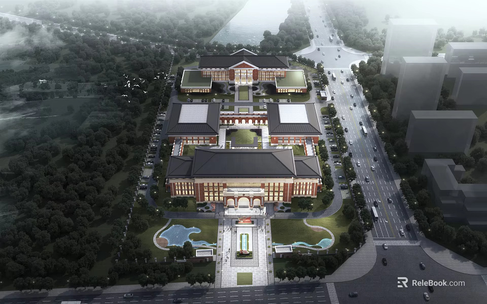 Traditional School Building Complex With Symmetric Academic Wings Greenery And Central Plaza 3d model 