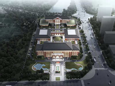 Traditional School Building Complex With Symmetric Academic Wings Greenery And Central Plaza 3d model