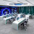Modern Monitoring Room Interior Design With Control Desks Computer Monitors And Blue Chairs