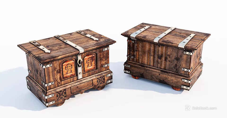 Two Vintage Wooden Chests With Metal Straps Carved Details And Classic Design 3d model 