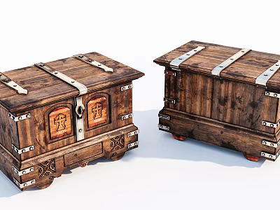 Two Vintage Wooden Chests With Metal Straps Carved Details And Classic Design 3d model
