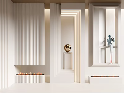 Modern White Pleated Room Divider In Interior With Decorative Sculptures And Fireplaces 3d model