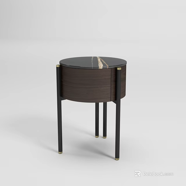 Elegant Modern Nightstand With Round Top And Black Metal Legs 3d model 