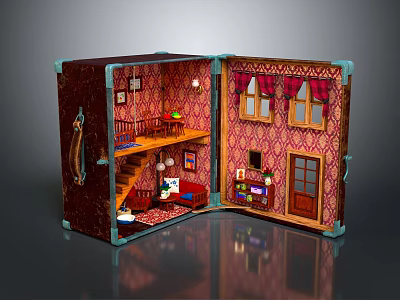 Cartoon Style Dollhouse Box Scene With Two Floors Staircase Windows And Furniture 3d model