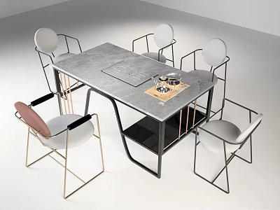 Modern Tea Table and Chairs with Gray Tabletop Black Metal Frame and Tea Set 3d model