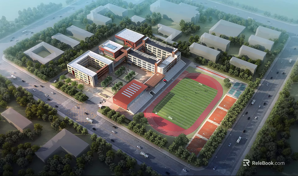 Modern School Building Complex With Classroom Structures Sports Field And Green Surroundings 3d model 