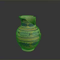 Ceramic Clay Jug With Broken Rim And Colorful Striped Decorative Patterns