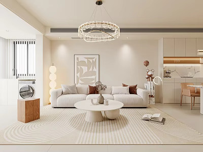Modern Minimalist Living Dining Room With White Sofa Round Coffee Table Chandelier And Open Kitchen 3d model