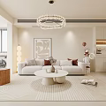 Modern Minimalist Living Dining Room With White Sofa Round Coffee Table Chandelier And Open Kitchen