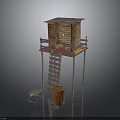 Wooden Tower Structure With Ladder Barrel And Tool Cart On Platform