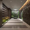 Elevator Hallway Interior Design With Stone Wall Greenery And Striped Flooring