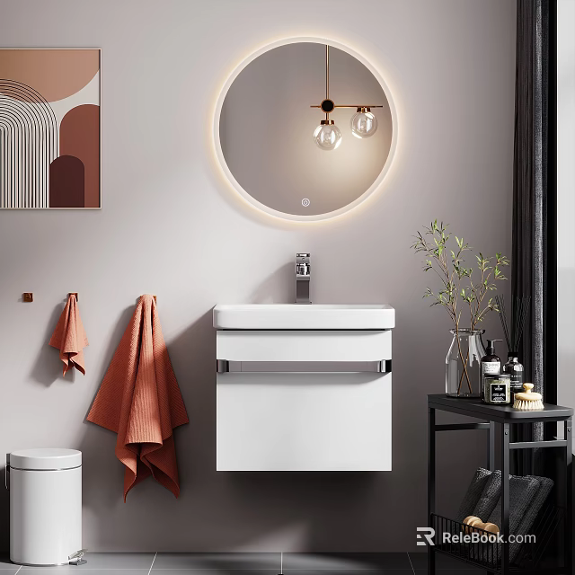 Wall Mounted White Washbasin with Round Backlit Mirror Orange Towels Side Table Toiletries and Plant 3d model 