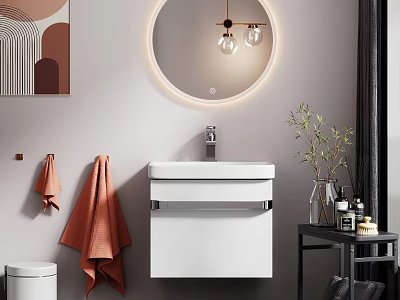Wall Mounted White Washbasin with Round Backlit Mirror Orange Towels Side Table Toiletries and Plant 3d model