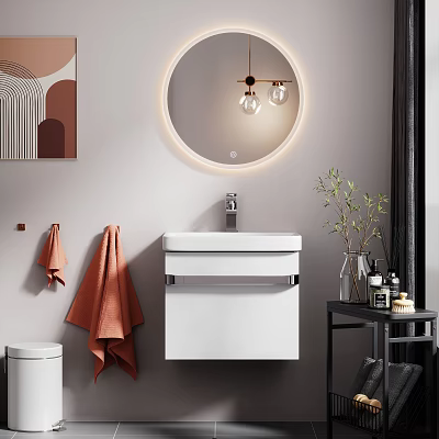 Wall Mounted White Washbasin with Round Backlit Mirror Orange Towels Side Table Toiletries and Plant 3d model