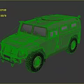 Green Military Off Road Vehicle With Worn Exterior Large Tires And Roof Equipment