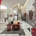 Modern Fashion Clothing Store Interior With Mannequins Red Decor Clothing Racks Display Tables and Lighting