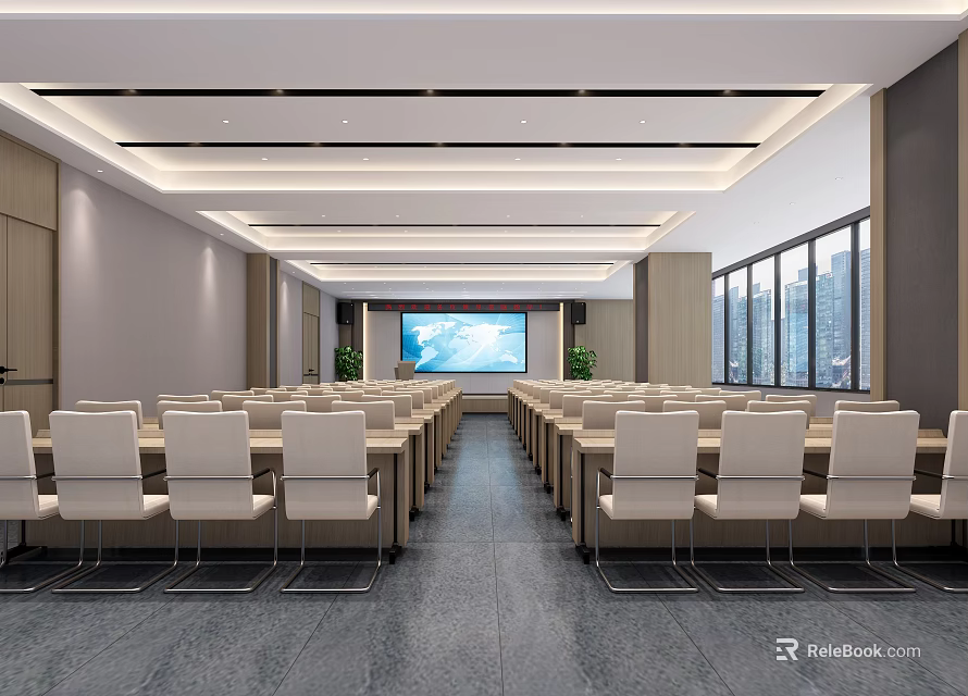 Modern Spacious Conference Room With Arranged Chairs Large Screen And City View Windows 3d model 
