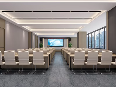 Modern Spacious Conference Room With Arranged Chairs Large Screen And City View Windows 3d model