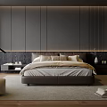 Modern Bedroom Interior Design With Dark Wall Bedhead Ottoman And Built in Wardrobe