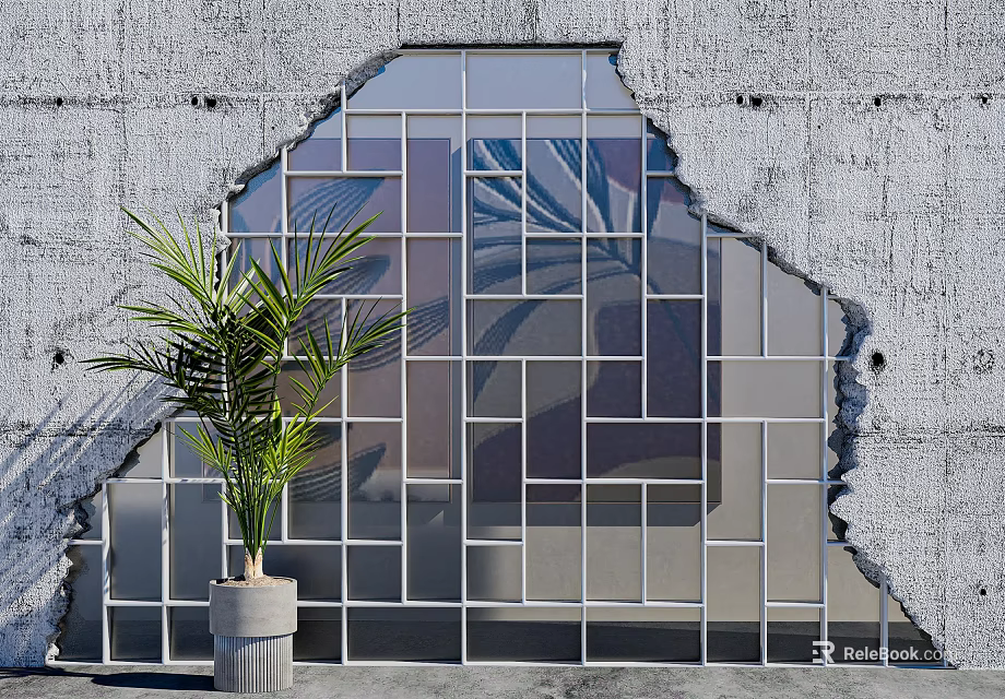 Broken Concrete Wall With Glass Panel Metal Grid And Potted Plant 3d model 