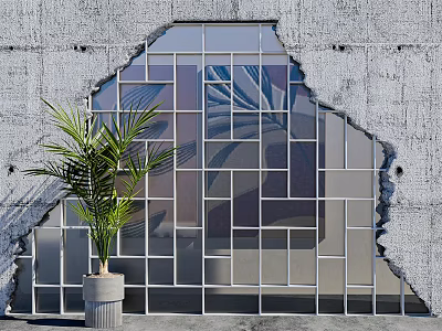 Broken Concrete Wall With Glass Panel Metal Grid And Potted Plant 3d model