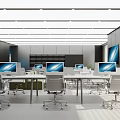 Modern Office Interior Design With Green Sofa White Chairs And Large TV Screen