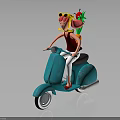 Cartoon Character Riding Blue Scooter With Pink Creature Red Top And Yellow Hat