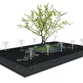 Deciduous Tree With Circular Green Lawn Surrounded By White Fountains On Black Ground