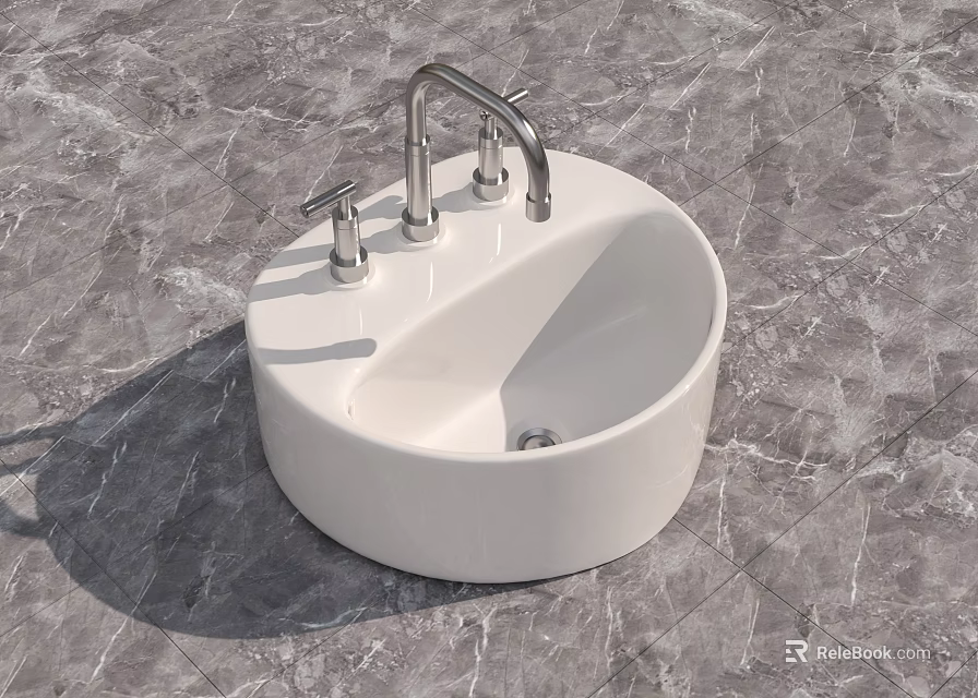 Round White Ceramic Bathroom Washbasin with Faucet on Marble Surface 3d model 