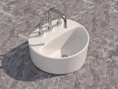 Round White Ceramic Bathroom Washbasin with Faucet on Marble Surface 3d model