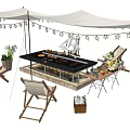 Outdoor Canopy Setup With Long Table Food Drinks Folding Chairs And String Lights 3d model