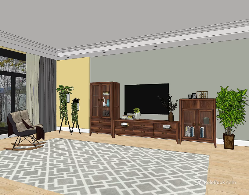 Modern Wooden TV Cabinet With Glass Door Storage And Decorative Items 3d model 