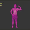 Shirtless Man Flexing Muscular Bicep In Black Shorts Against Gray Background