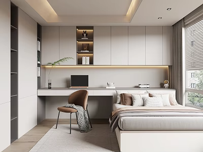 Minimalist Modern Tatami Bedroom Interior With Tatami Bed Desk Bookshelf And Soft Lighting 3d model