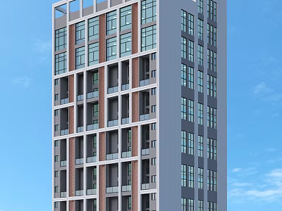 Modern High Rise Residential Building With Brick And Gray Exterior Large Windows Against Blue Sky 3d model